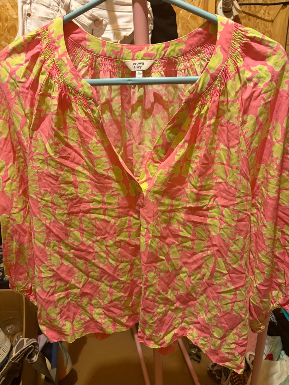 crown & ivy Pink and Lime Floral V-Neck Peasant Blouse large